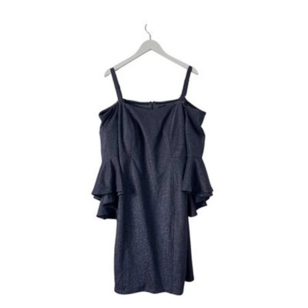 R & M Richards Navy Silver Off The Shoulder Flared Sleeve Dress Plus Size 16W